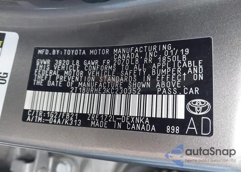 2019 Toyota Corolla Le из США, поврежденный, VIN 2T1BURHE3KC230352